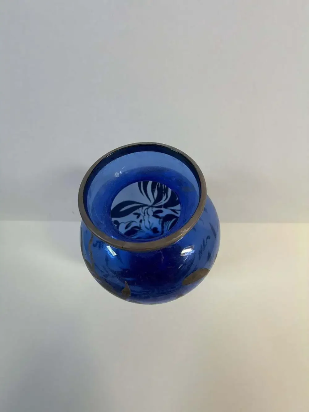 Vintage Cobalt Blue Glass Vase with Silver Overlay Floral Design 6.5”